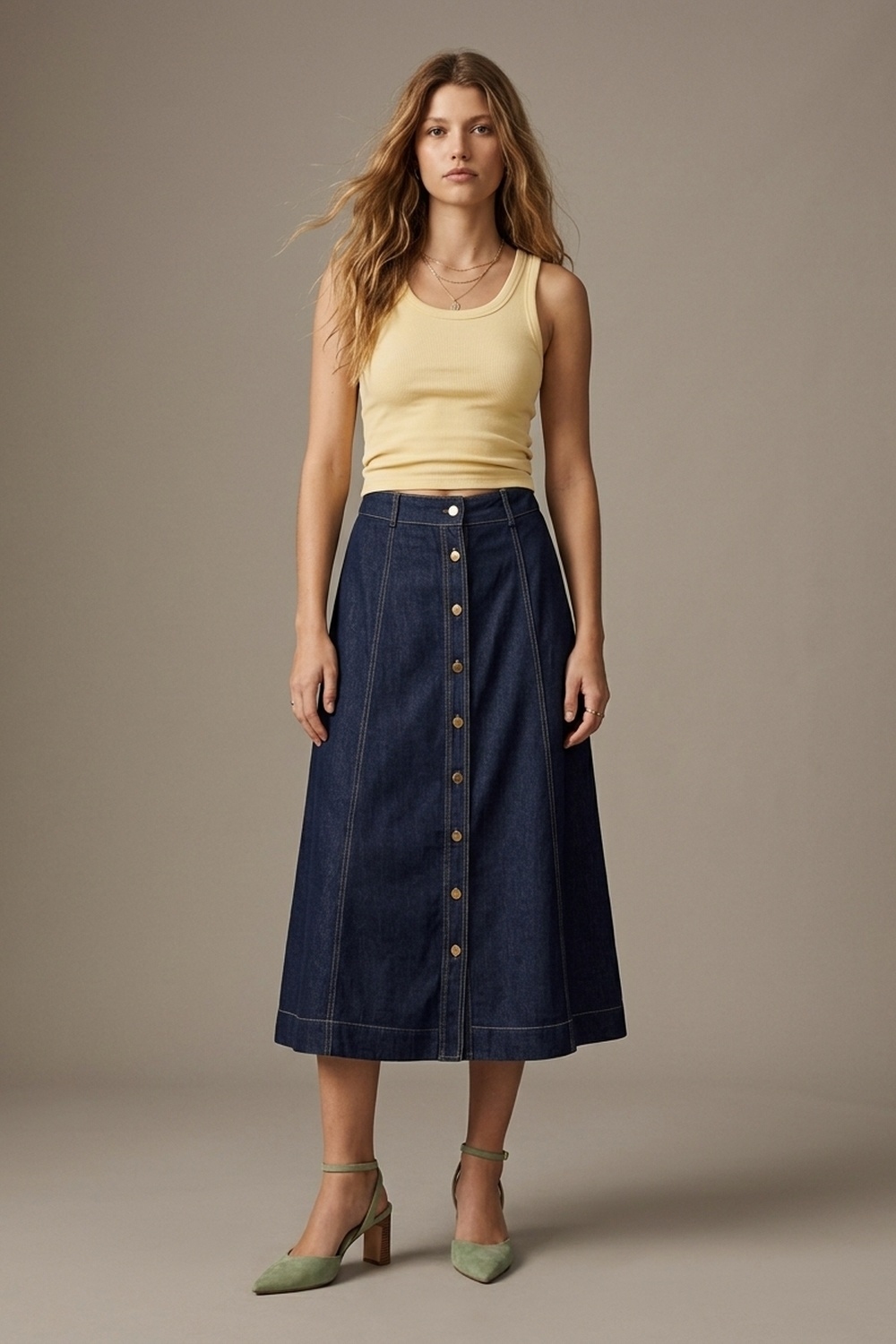 Falda midi de mezclilla azul oscuro con costura de contraste y botones al frente en línea A Falda midi de mezclilla azul oscuro con costura de contraste y botones al frente en línea A