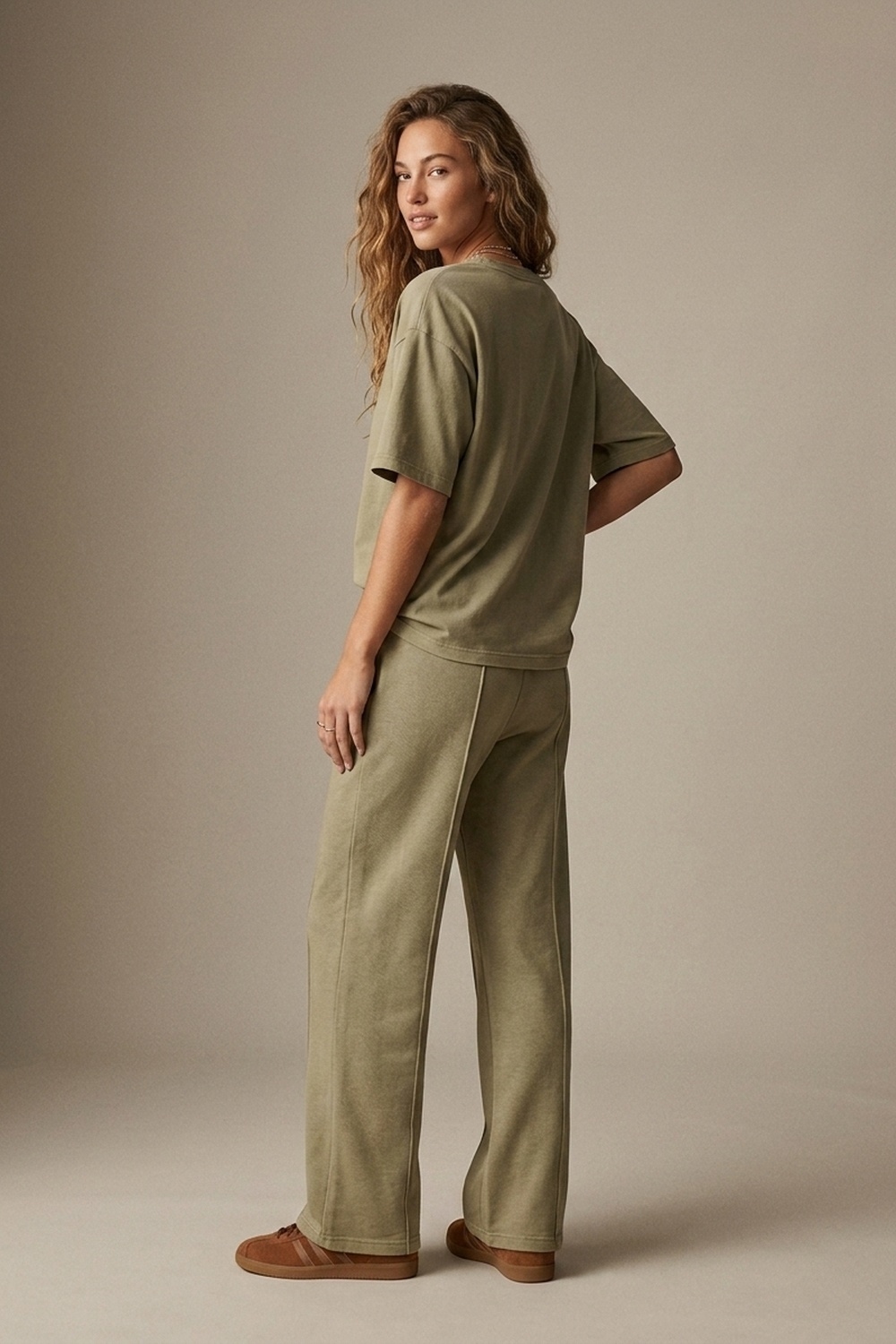 Pantalones Khaki de Algod&oacute;n de Pierna Ancha con Cintura El&aacute;stica y Corte Relajado