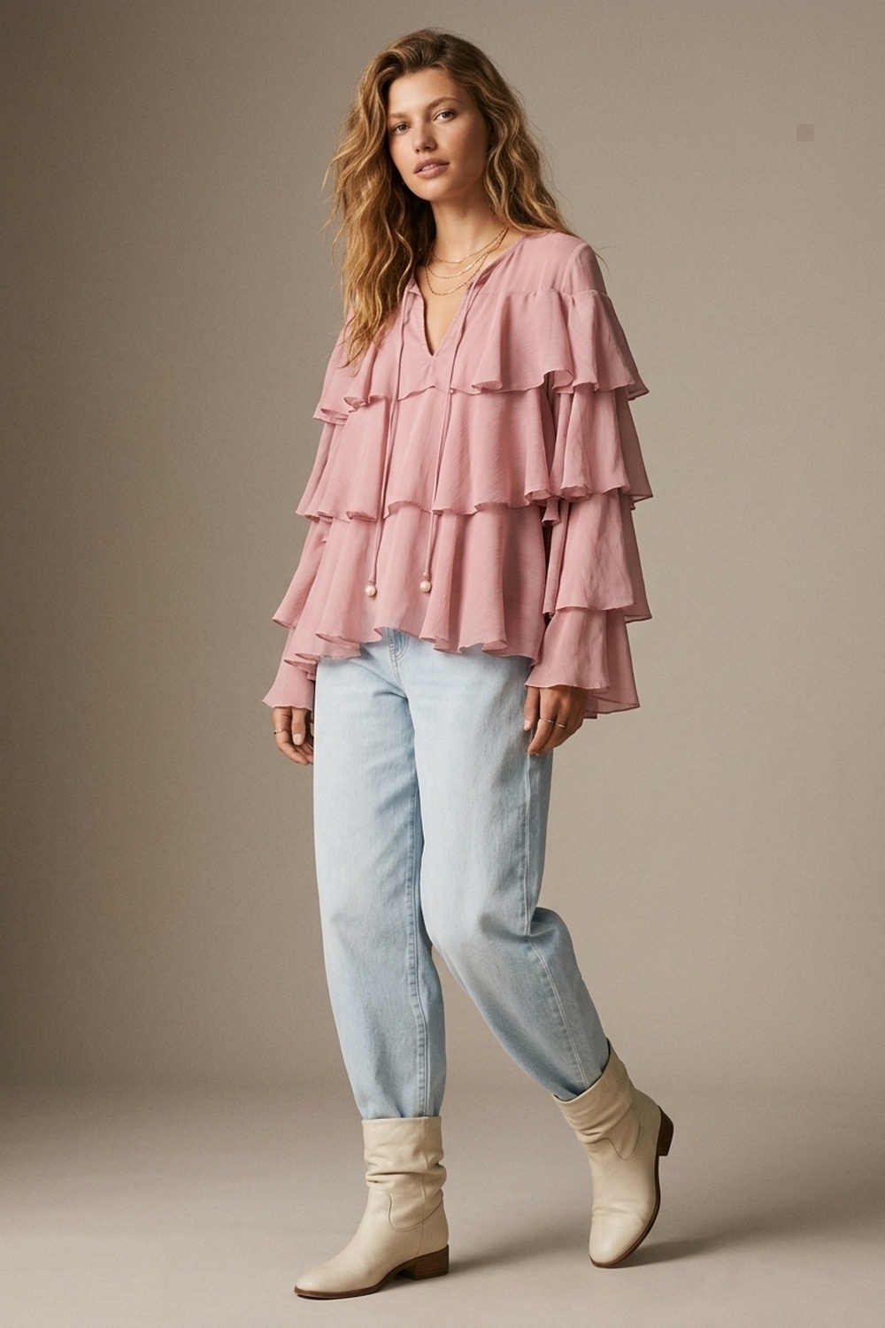 Blusa con Volantes en Capas y Lazo en el Cuello de Gasa Rosa