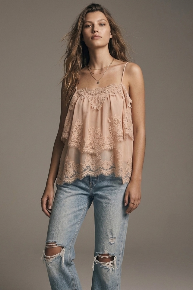 Beige Lace Insert Chiffon Tiered Ruffle Relaxed Fit Cami Top