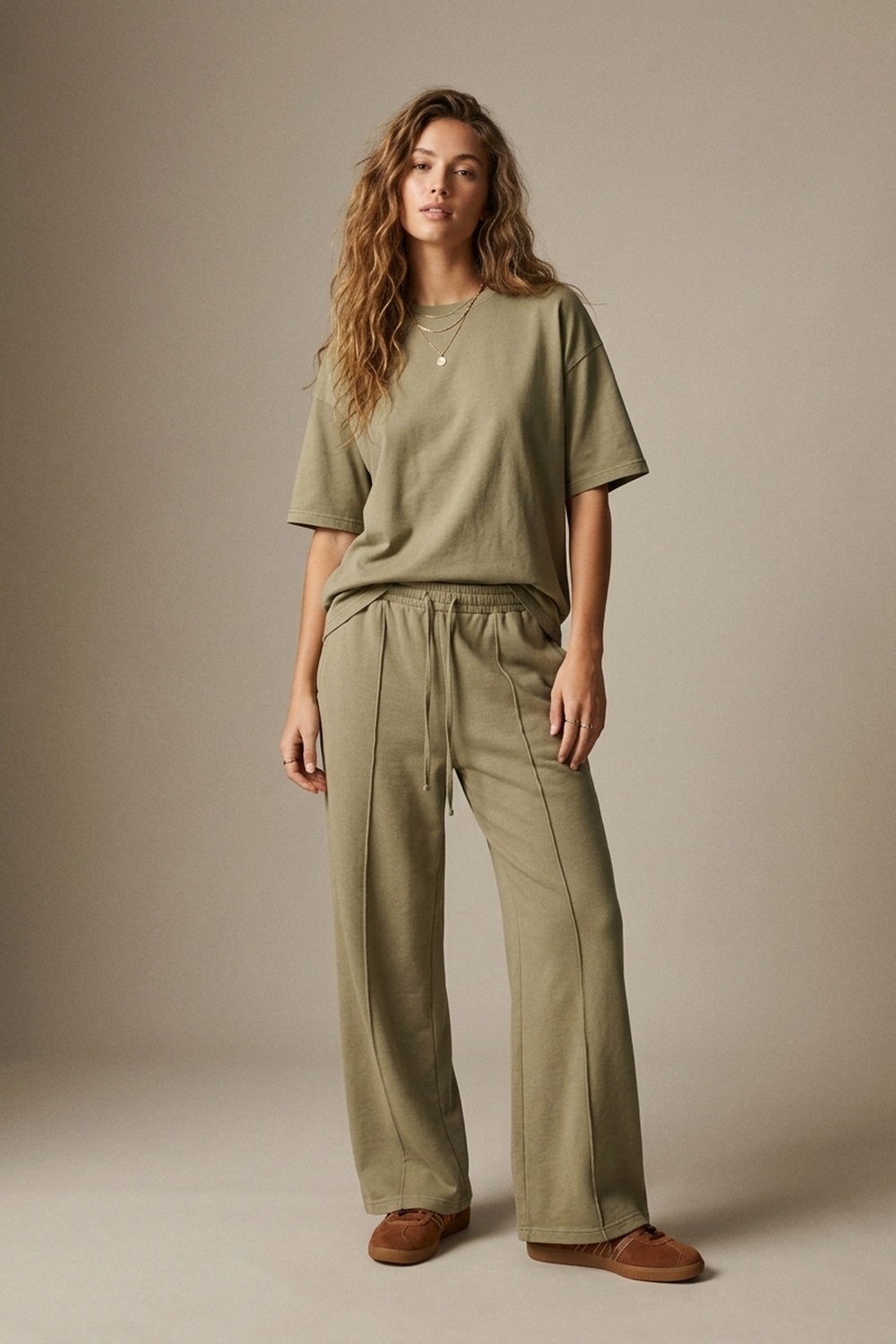Pantalones Khaki de Algod&oacute;n de Pierna Ancha con Cintura El&aacute;stica y Corte Relajado