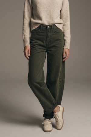Pantalones Anchos Verde Oliva de Pierna Ancha en Estilo Barril con Costura Lateral