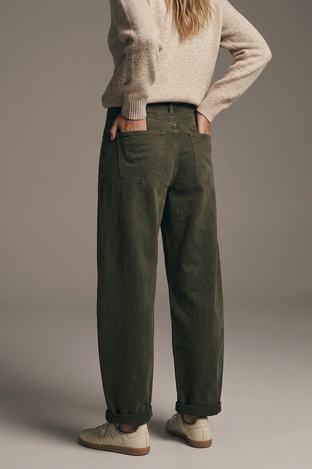 Pantalones Anchos Verde Oliva de Pierna Ancha en Estilo Barril con Costura Lateral Pantalones Anchos Verde Oliva de Pierna Ancha en Estilo Barril con Costura Lateral