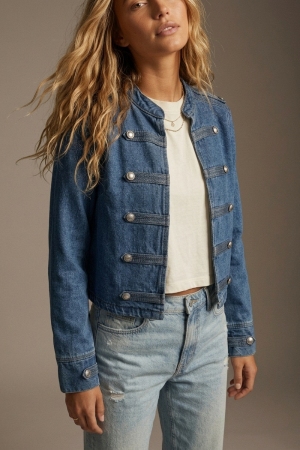 Chaqueta Militar Azul Denim Rígida Sin Estiramiento con Botones y Corte Recortado