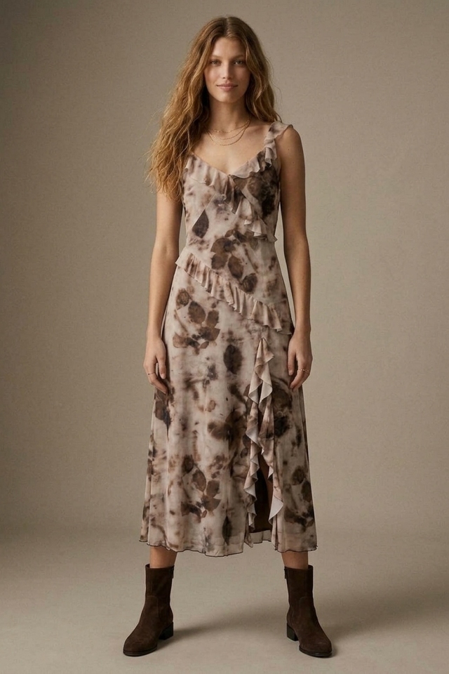 Vestido midi beige abstracto de gasa con volantes y escote en V con estampado floral.
