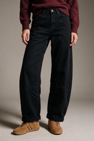 pantalones negros de pierna ancha en estilo barril con costura lateral
