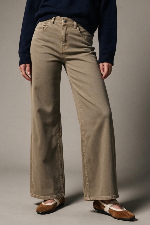 pantalones de pierna ancha en denim elástico color beige oscuro