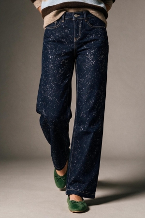 Jeans Azul Oscuro de Pierna Ancha con brillo en el frente