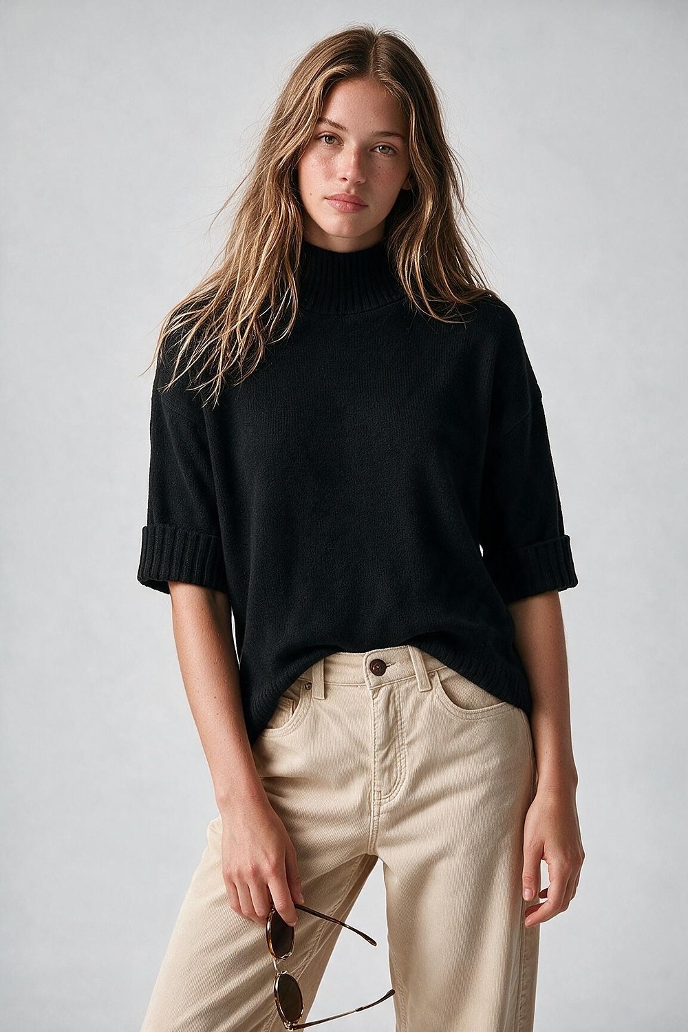 Suéter negro cálido de punto acanalado con cuello alto y ajuste relajado con manga hasta el codo Suéter negro cálido de punto acanalado con cuello alto y ajuste relajado con manga hasta el codo