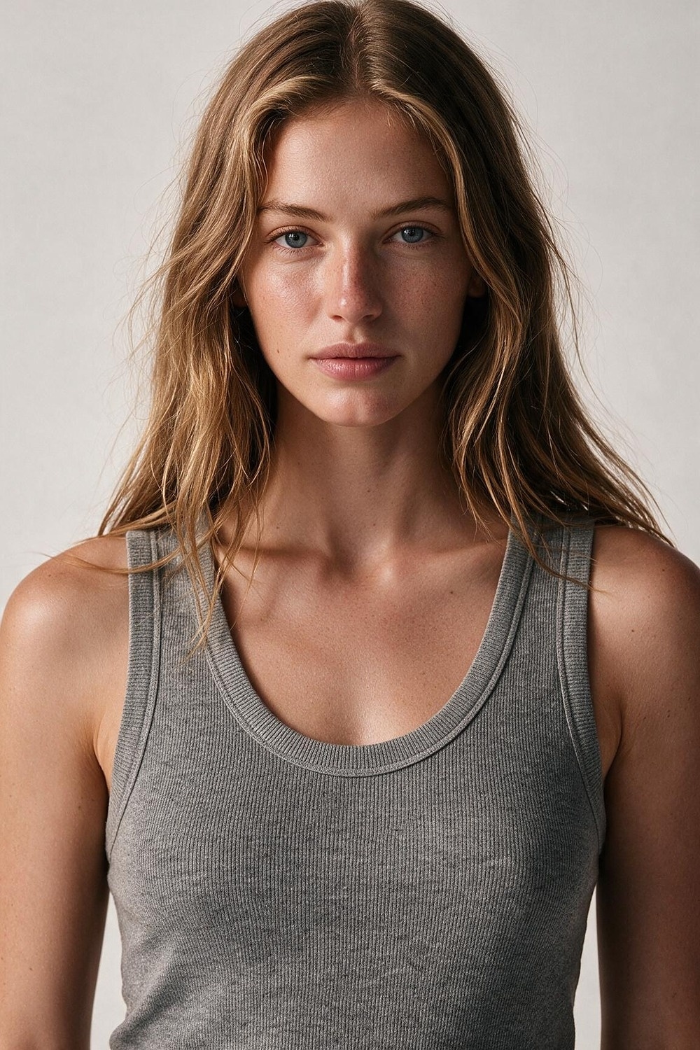 Top sin mangas de punto fino de canalé gris con escote redondo y tirantes anchos Top sin mangas de punto fino de canalé gris con escote redondo y tirantes anchos