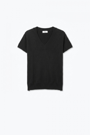 Suéter Negro de Punto Fino con Cuello en V y Mangas Cortas de Estilo Dolmán con Caída de Hombros