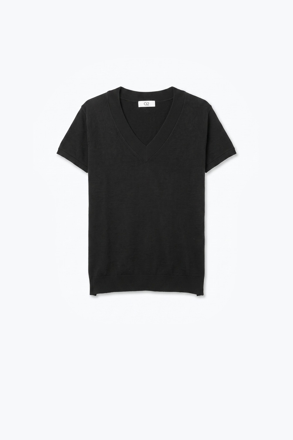 Suéter Negro de Punto Fino con Cuello en V y Mangas Cortas de Estilo Dolmán con Caída de Hombros Suéter Negro de Punto Fino con Cuello en V y Mangas Cortas de Estilo Dolmán con Caída de Hombros