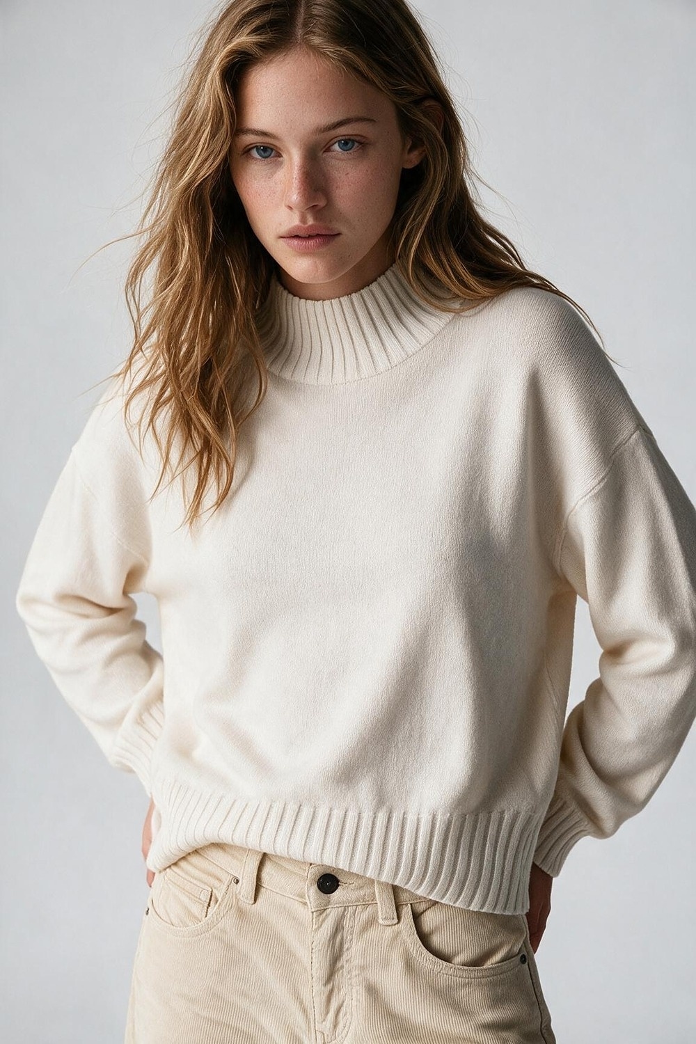 Su&eacute;ter blanco de punto suave con cuello simulado acanalado y ajuste relajado