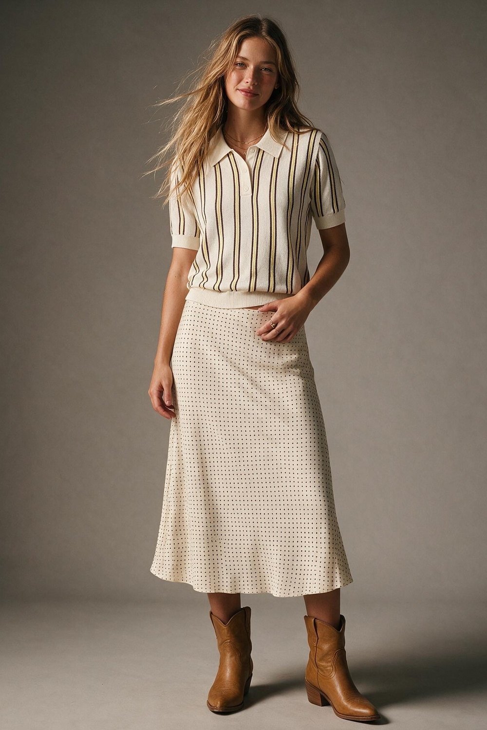 Polo de Punto Fino con Botones y Rayas Crema