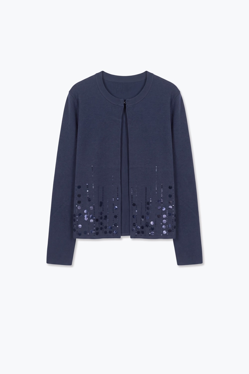 Cárdigan de punto fino azul marino con dobladillo de lentejuelas y cuello redondo Cárdigan de punto fino azul marino con dobladillo de lentejuelas y cuello redondo