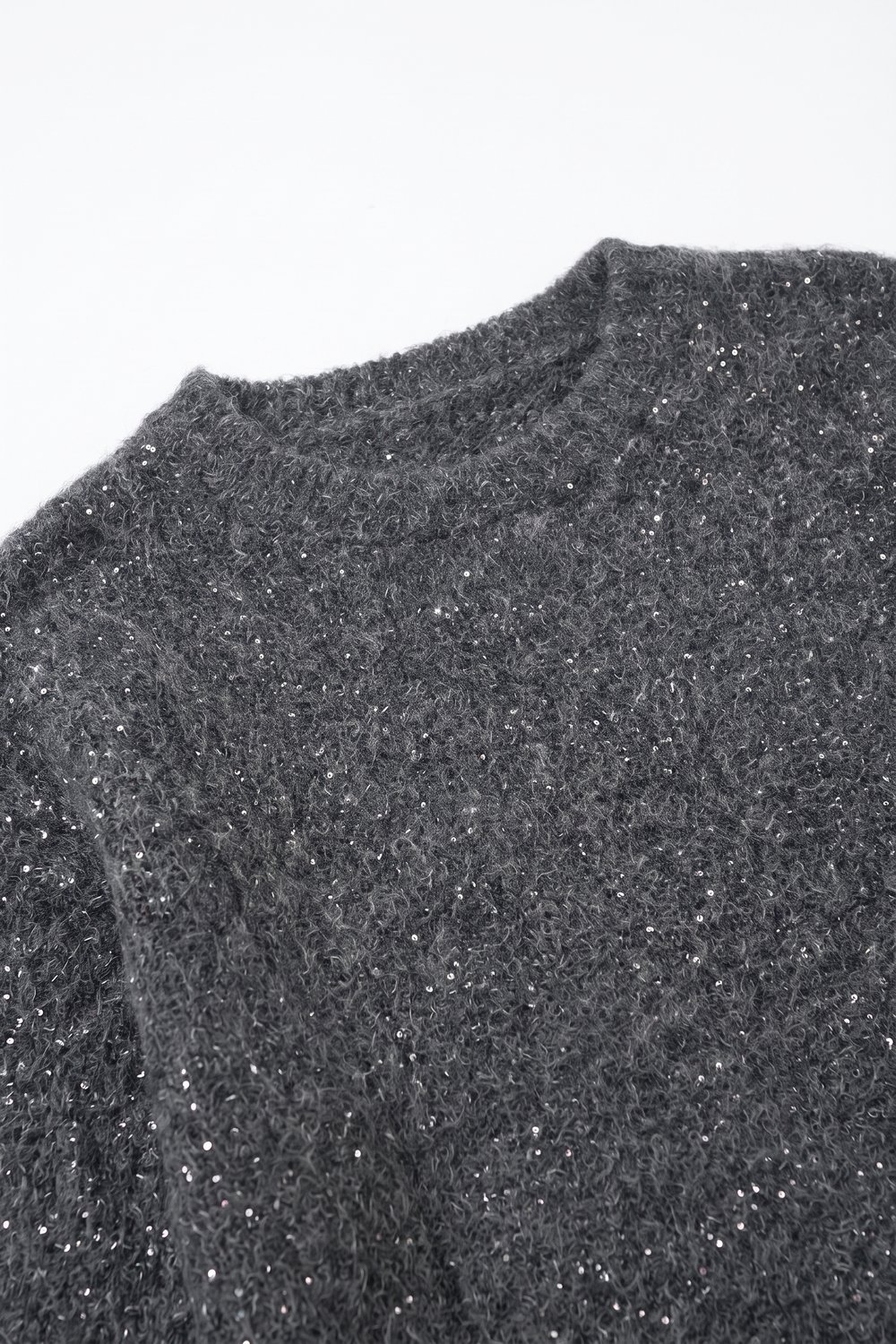 Su&eacute;ter de Cuello Redondo de Punto Cepillado Gris con Lentejuelas