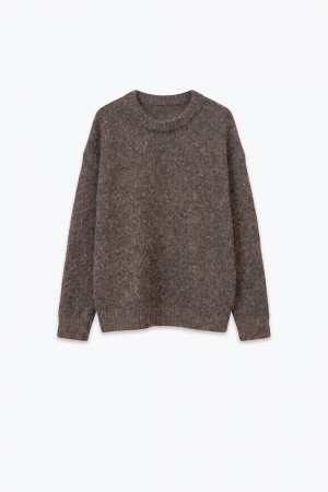 Suéter Oversize Marrón de Cuello Redondo con Lentejuelas y Tejido Cepillado