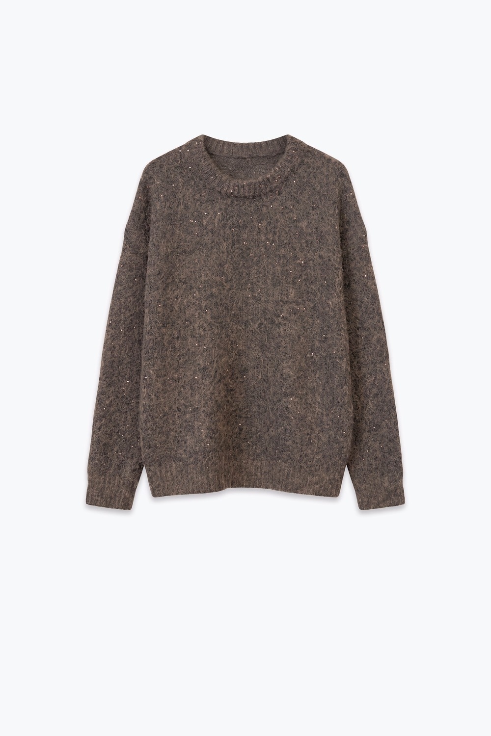 Su&eacute;ter Oversize Marr&oacute;n de Cuello Redondo con Lentejuelas y Tejido Cepillado