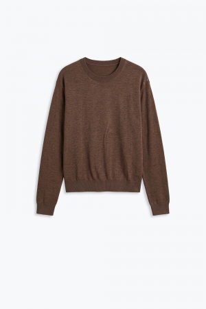suéter de cuello redondo de punto fino mezcla de lana Merino color camel