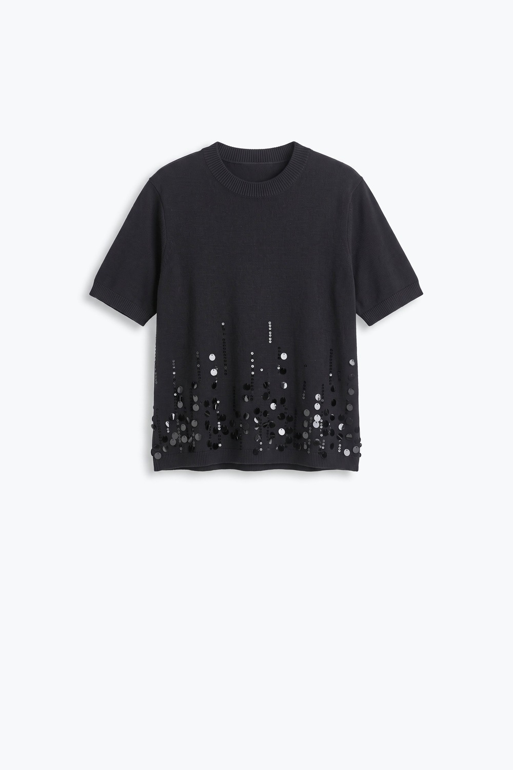 Black Knit Short Sleeve Top with Embellished Hem Black Knit Short Sleeve Top with Embellished Hem