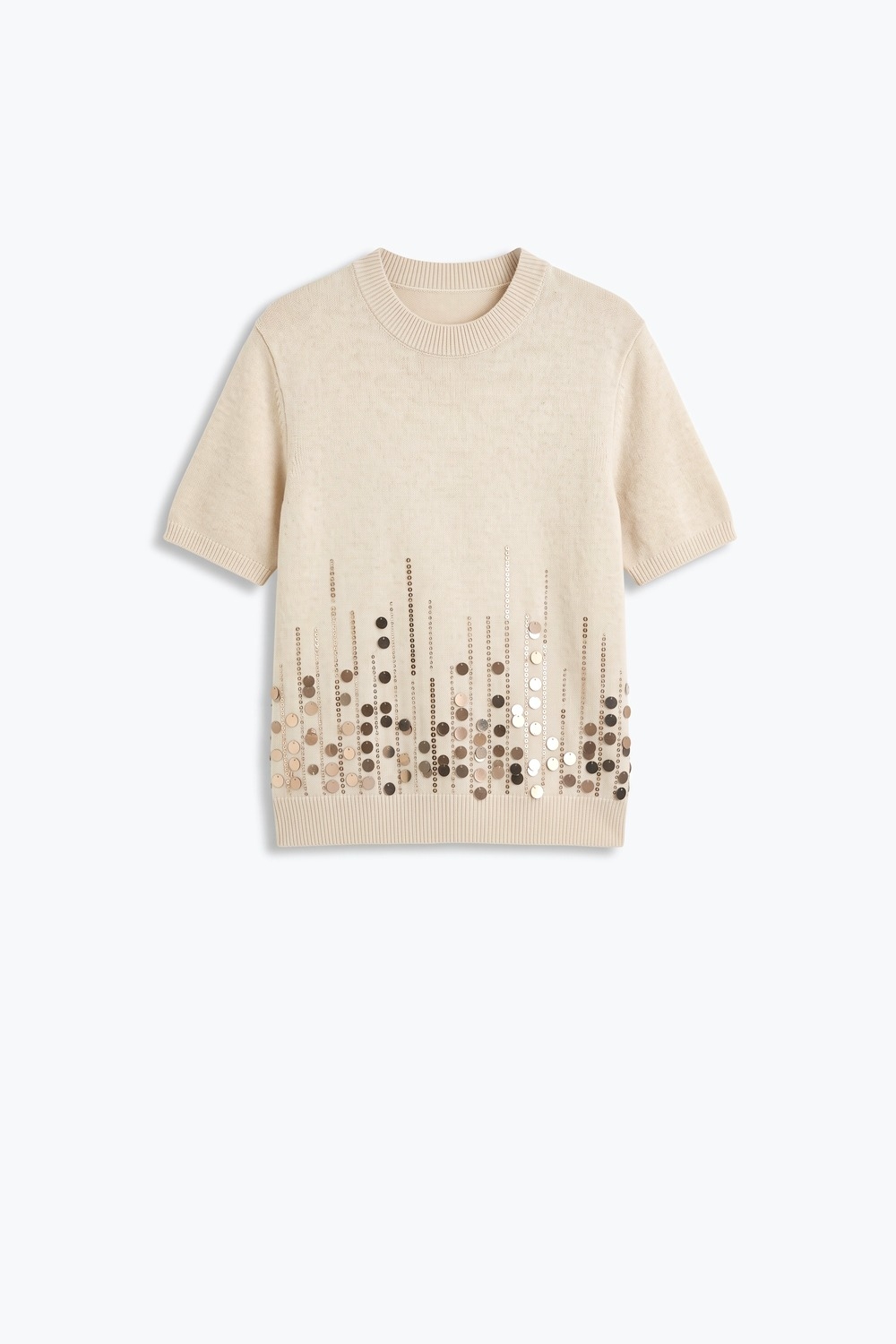 Beige Knit Short Sleeve Top with Embellished Hem Beige Knit Short Sleeve Top with Embellished Hem