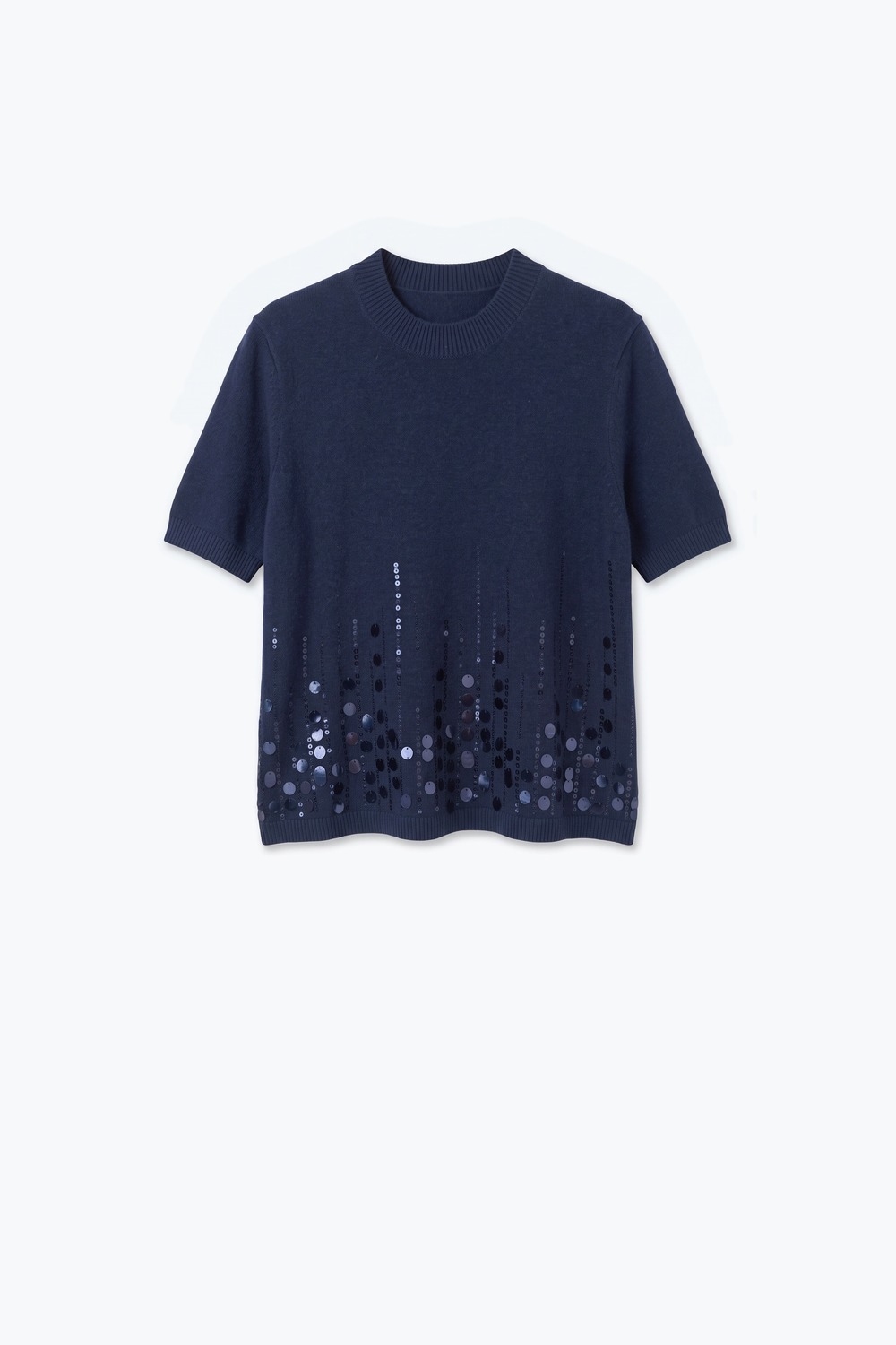 Top de manga corta con dobladillo de lentejuelas de punto fino azul marino
