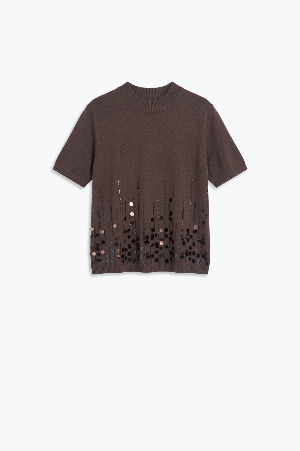 Top de punto suave marrón con dobladillo de lentejuelas y manga corta Top de punto suave marrón con dobladillo de lentejuelas y manga corta