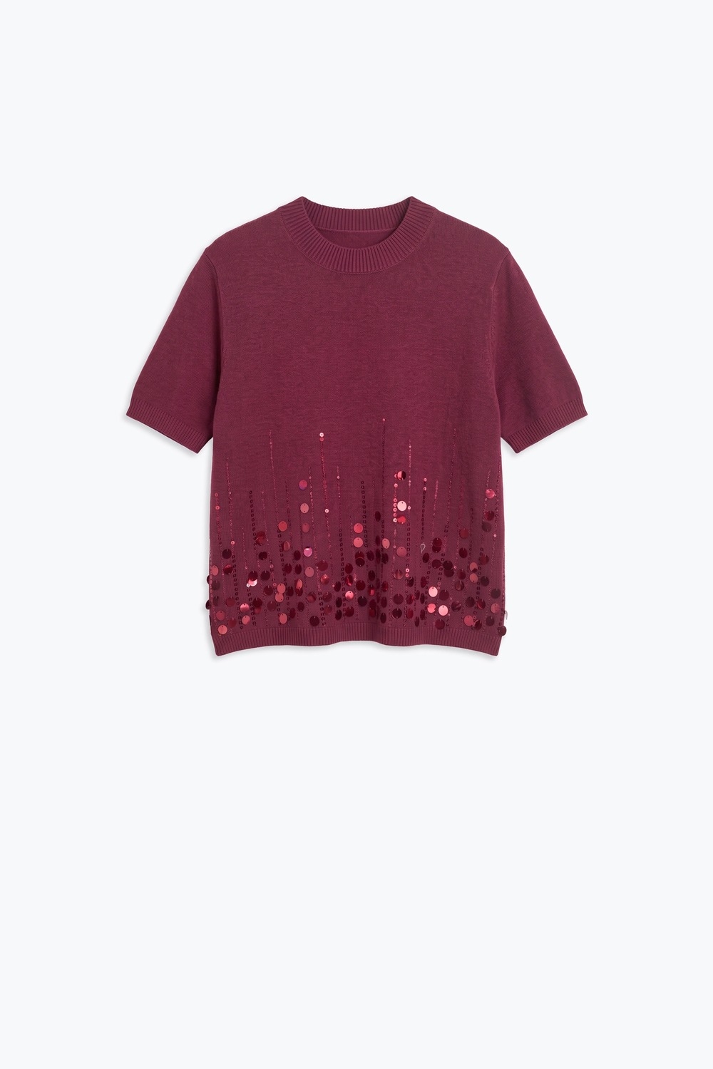 Top de cuello redondo con lentejuelas y dobladillo de manga corta en punto fino burdeos