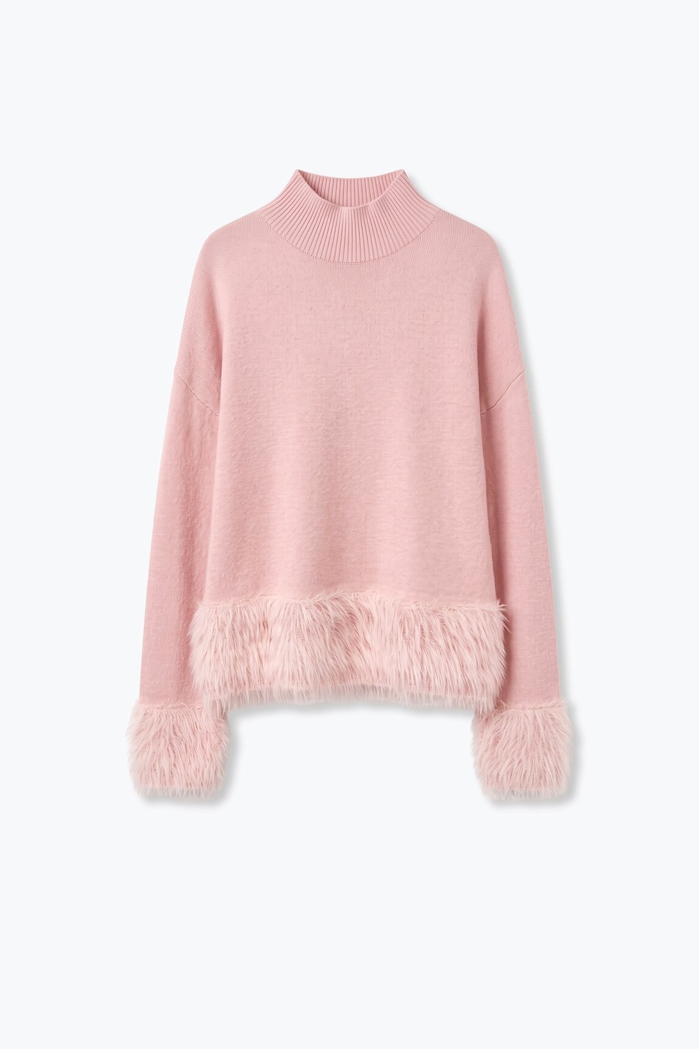 Suéter de cuello alto tejido suave en color rosa claro con ribete de piel sintética Suéter de cuello alto tejido suave en color rosa claro con ribete de piel sintética
