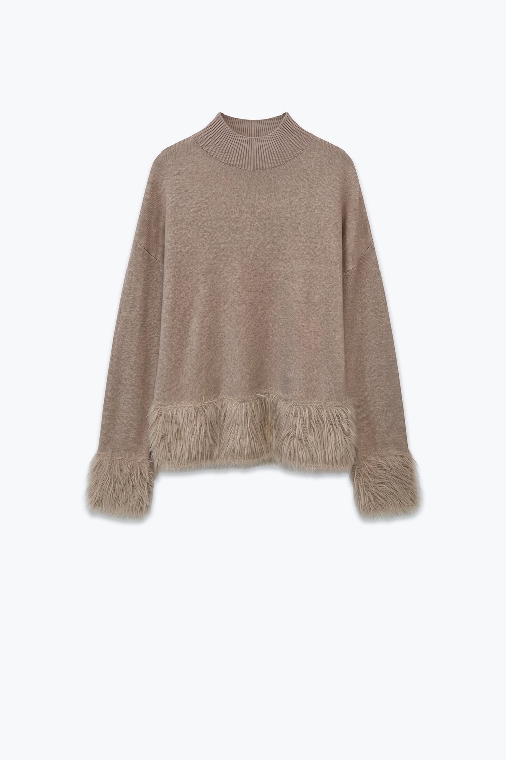 Su&eacute;ter Beige de Punto Suave con Ribete de Piel Sint&eacute;tica y Cuello Simulado