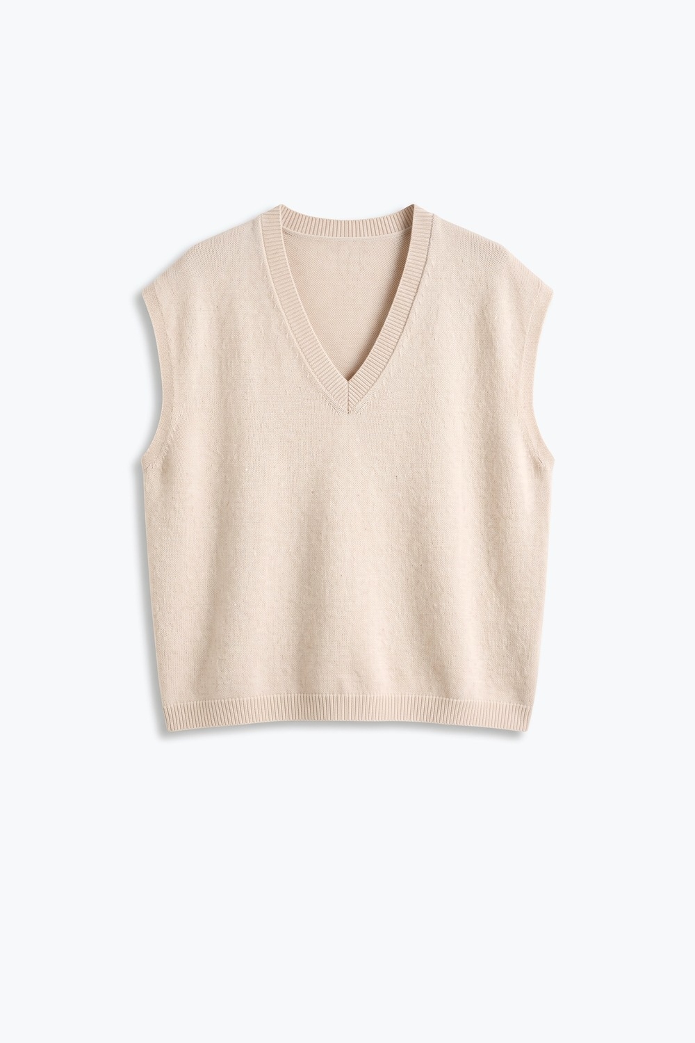 Beige Chaleco sin Mangas de Punto Fino en V con Ribete Acanalado y Adornado con Lentejuelas