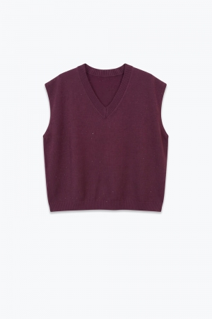 Chaleco sin mangas con cuello en V de punto fino morado con brillo y adornos de lentejuelas