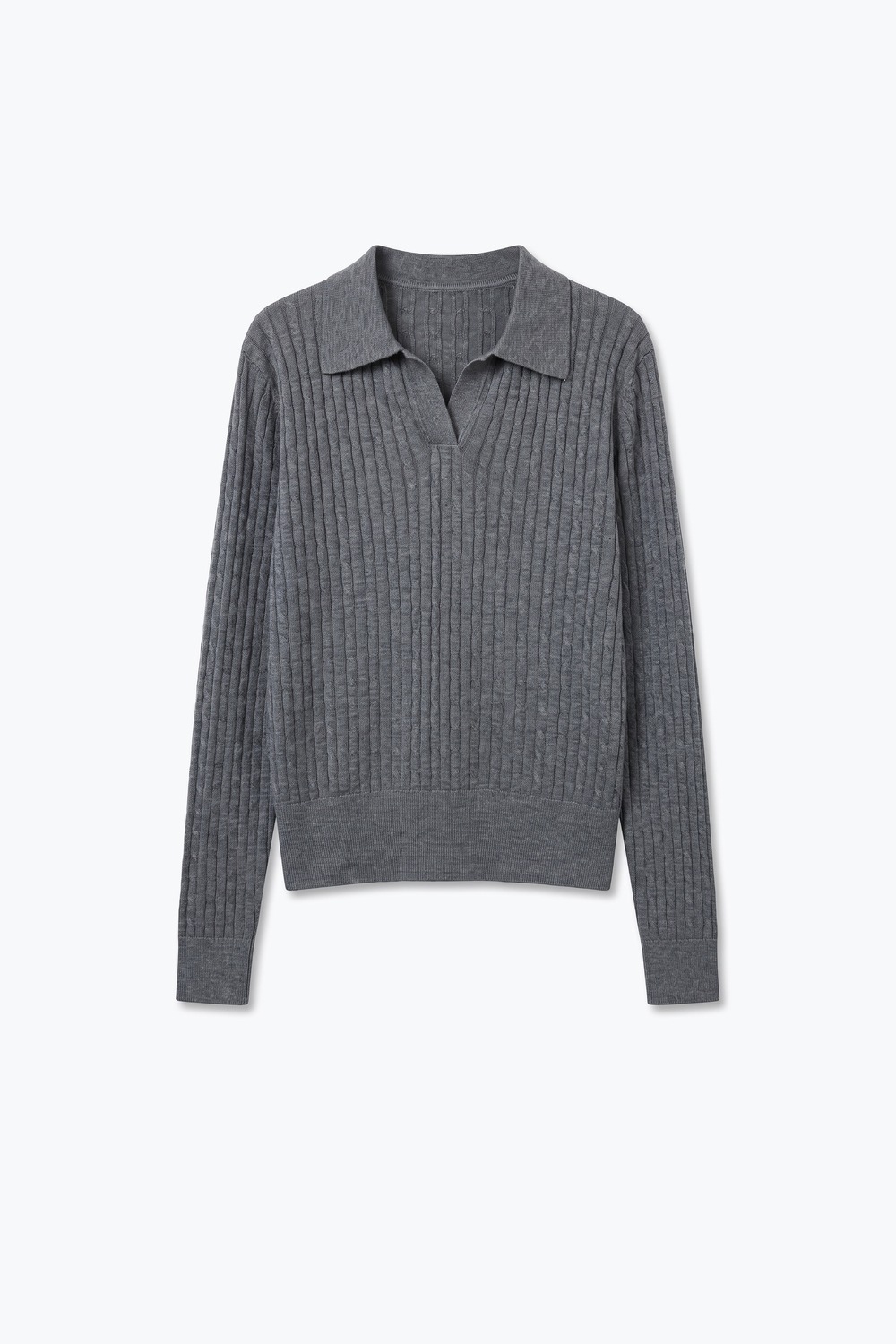Su&eacute;ter de mezcla de lana merino gris con textura acanalada cuello tipo polo y abertura en el escote