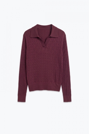 Suéter de Punto de Lana Merino Púrpura con Cuello Polo y Escote en V