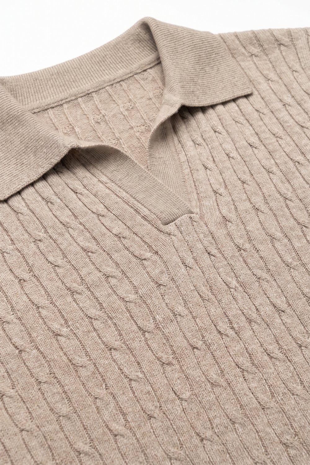 Mezcla de Lana Merino Fango Tejido de Punto Abierto con Cuello Polo y Ribetes Acanalados