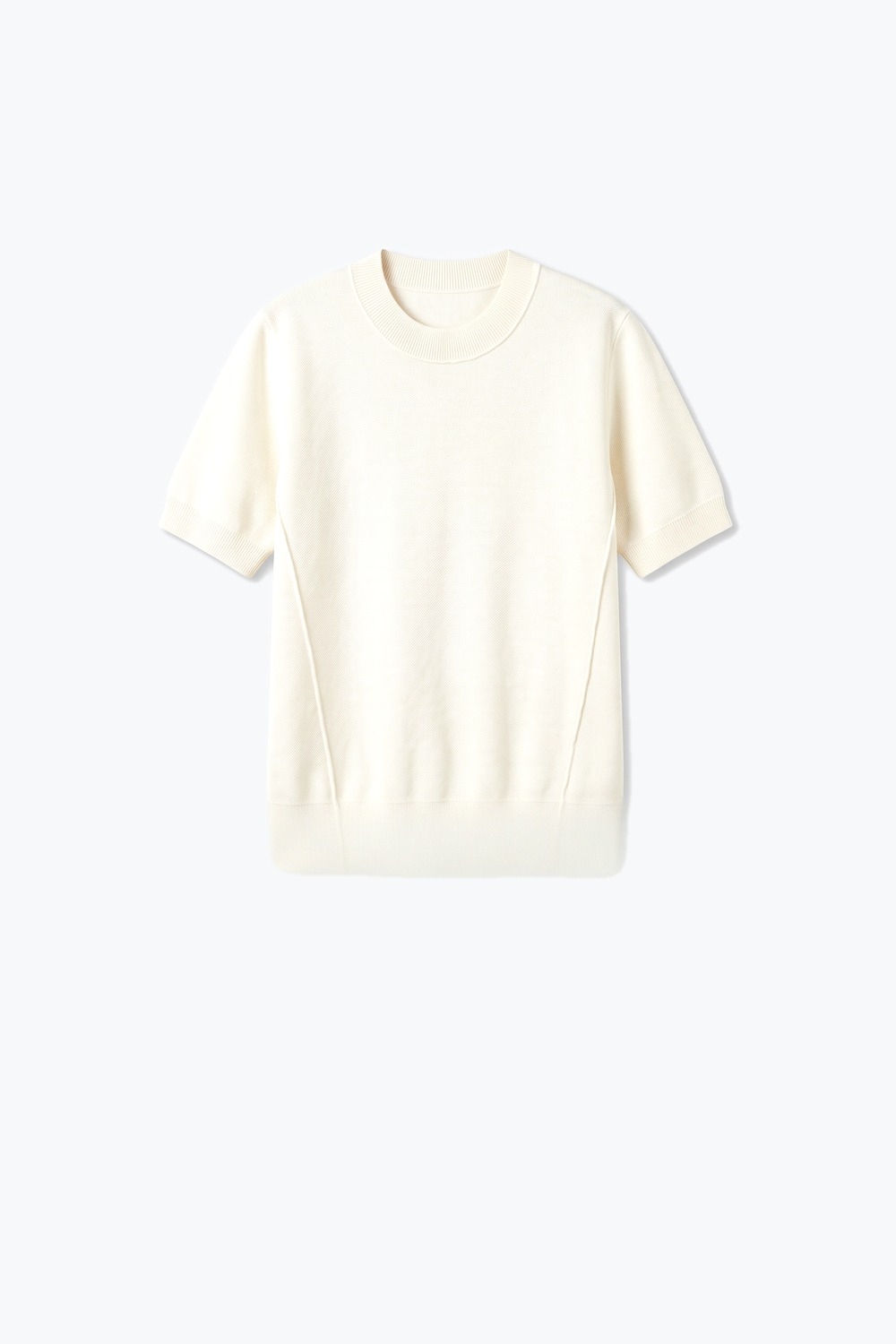 Su&eacute;ter de manga corta de punto fino acanalado en mezcla de lana merino color crema