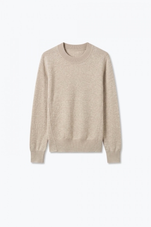 Suéter Beige de Punto Fino con Cuello Redondo y Ribete Acanalado