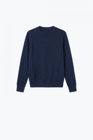Mezcla de lana merino suéter fino de manga larga con detalle de costura en azul marino
