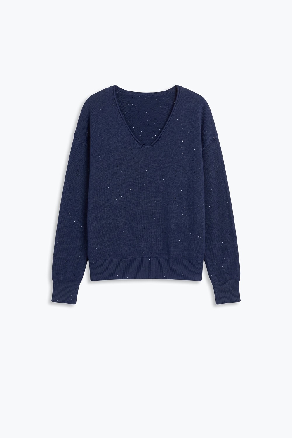 Su&eacute;ter de punto fino con cuello en V color azul marino con lentejuelas adornadas y salpicado de purpurina.