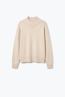 Suéter Beige Relajado de Cuello Alto de Punto Fino con Lentejuelas y Ribeteado
