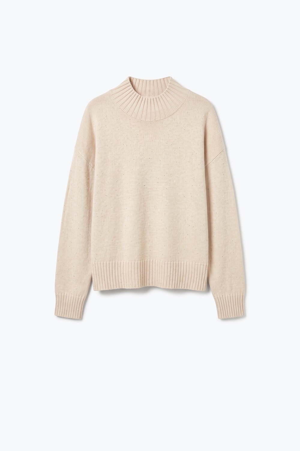 Suéter Beige Relajado de Cuello Alto de Punto Fino con Lentejuelas y Ribeteado Suéter Beige Relajado de Cuello Alto de Punto Fino con Lentejuelas y Ribeteado