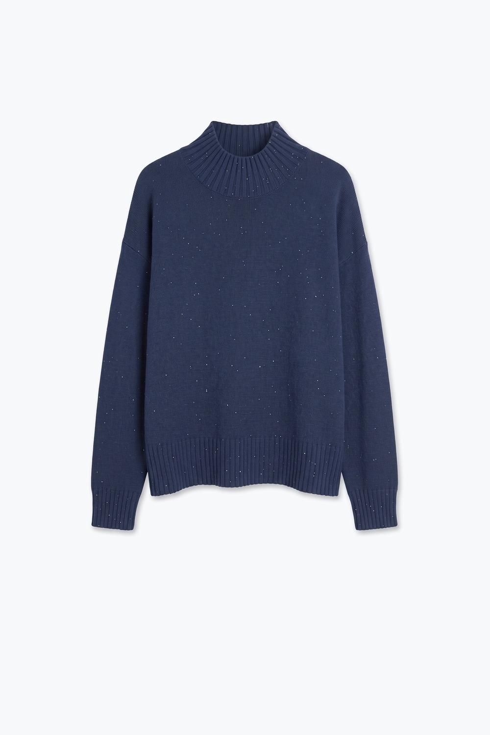 Suéter de cuello alto acanalado de punto suave con lentejuelas adornadas en color azul marino Suéter de cuello alto acanalado de punto suave con lentejuelas adornadas en color azul marino