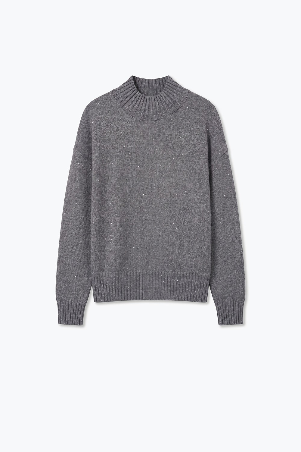 Su&eacute;ter gris con lentejuelas adornadas de punto suave de cuello alto y ribete acanalado