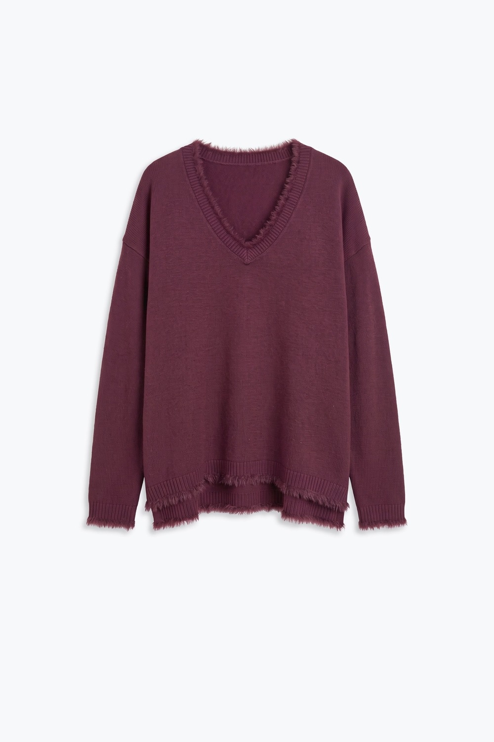 Su&eacute;ter morado de cuello en V con ribete de piel sint&eacute;tica