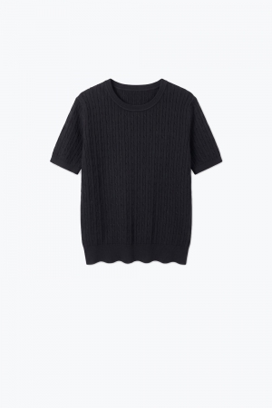 Suéter Negro de Punto Cableado con Cuello Redondo y Manga Corta