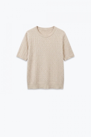 Suéter Beige de Punto Cableado con Cuello Redondo y Manga Corta
