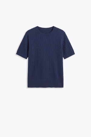 Top de Manga Corta con Cuello Redondo y Tejido de Punto Trenzado en Azul Marino