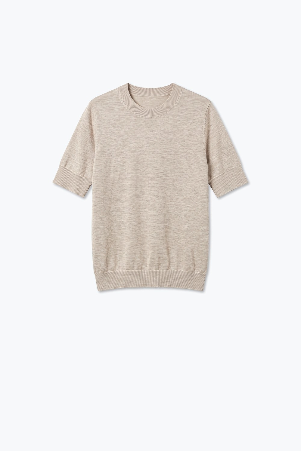 Su&eacute;ter Beige de Punto Fino con Cuello Redondo y Ribete Acanalado de Mezcla de Lana Merino