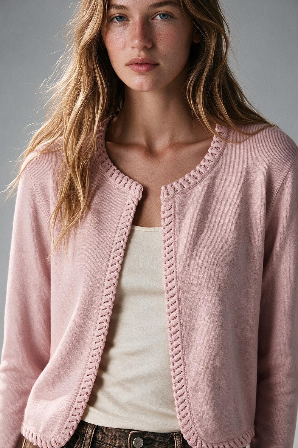 Chaqueta de punto corta de color rosa claro con borde de crochet fino