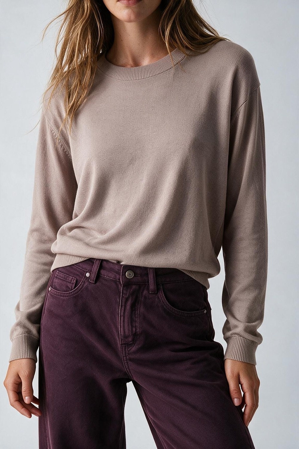 Su&eacute;ter de punto fino mezcla de lana merino cuello redondo color rosa viejo
